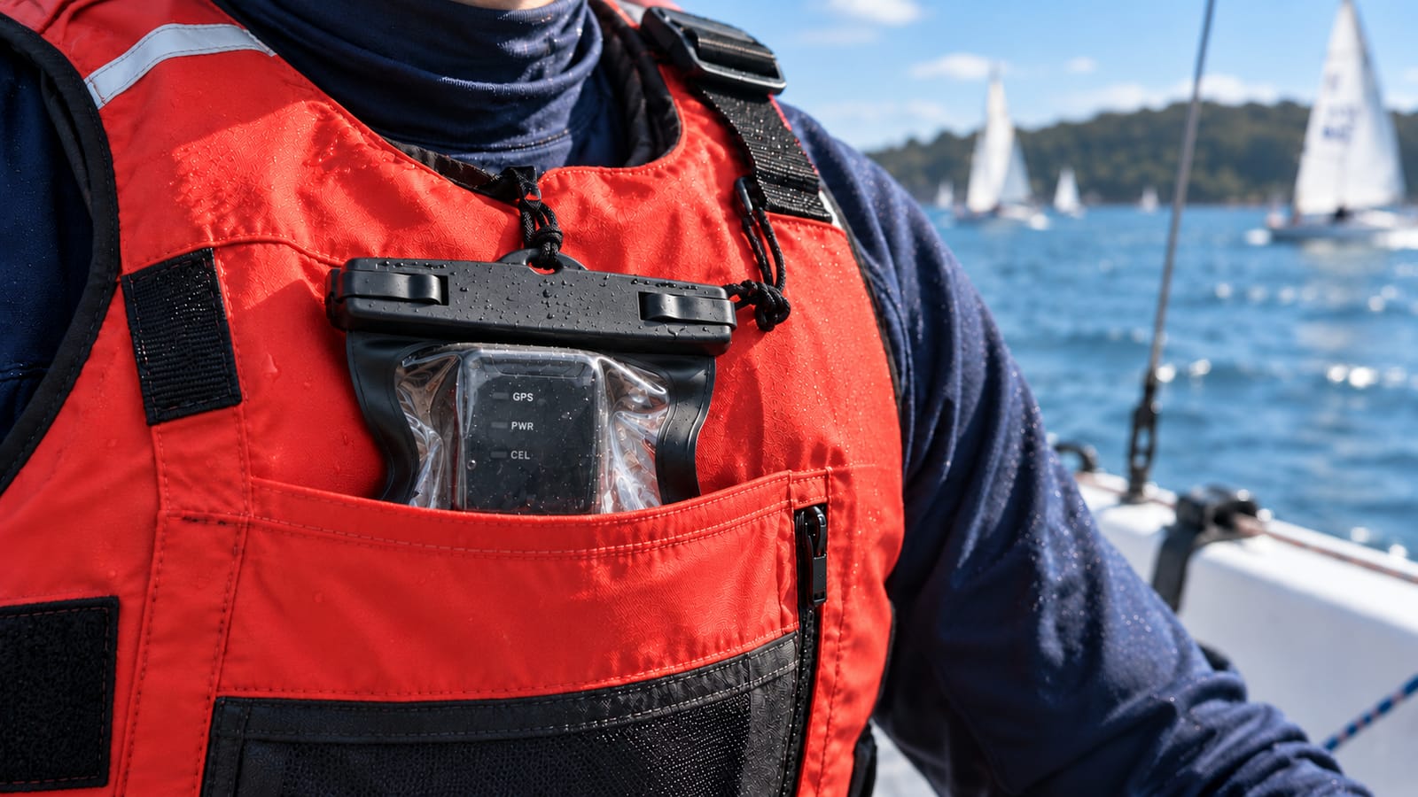 An AquaGPS RX in the chest pocket of a sailor's life jacket, with a fleet of yachts racing behind