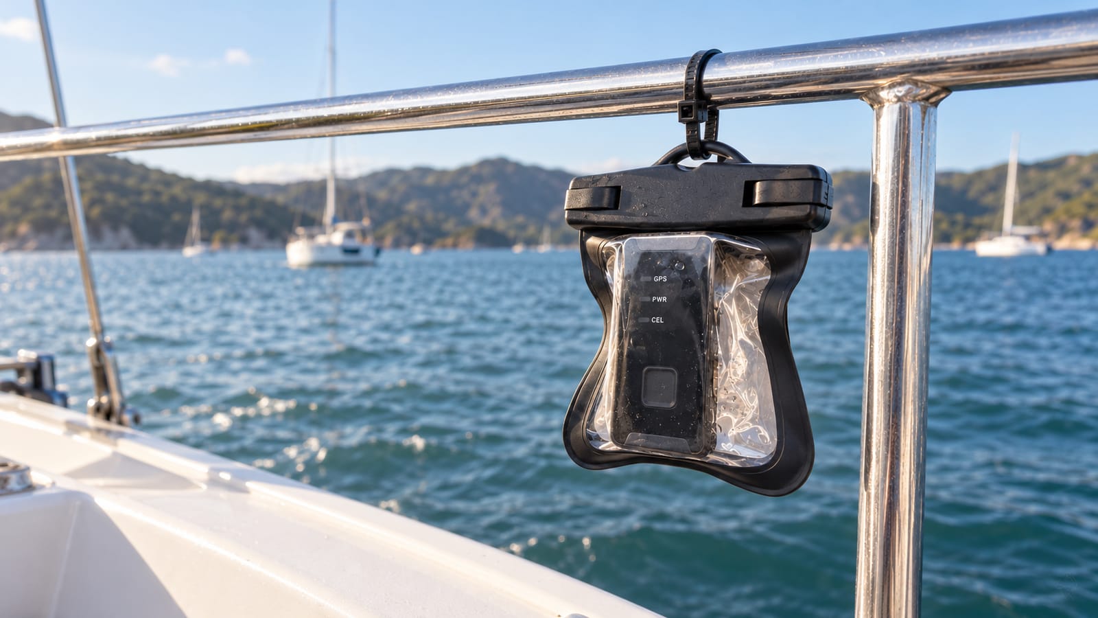 An AquaGPS RX tracker in its waterproof bag, tied to a boat's guard rail